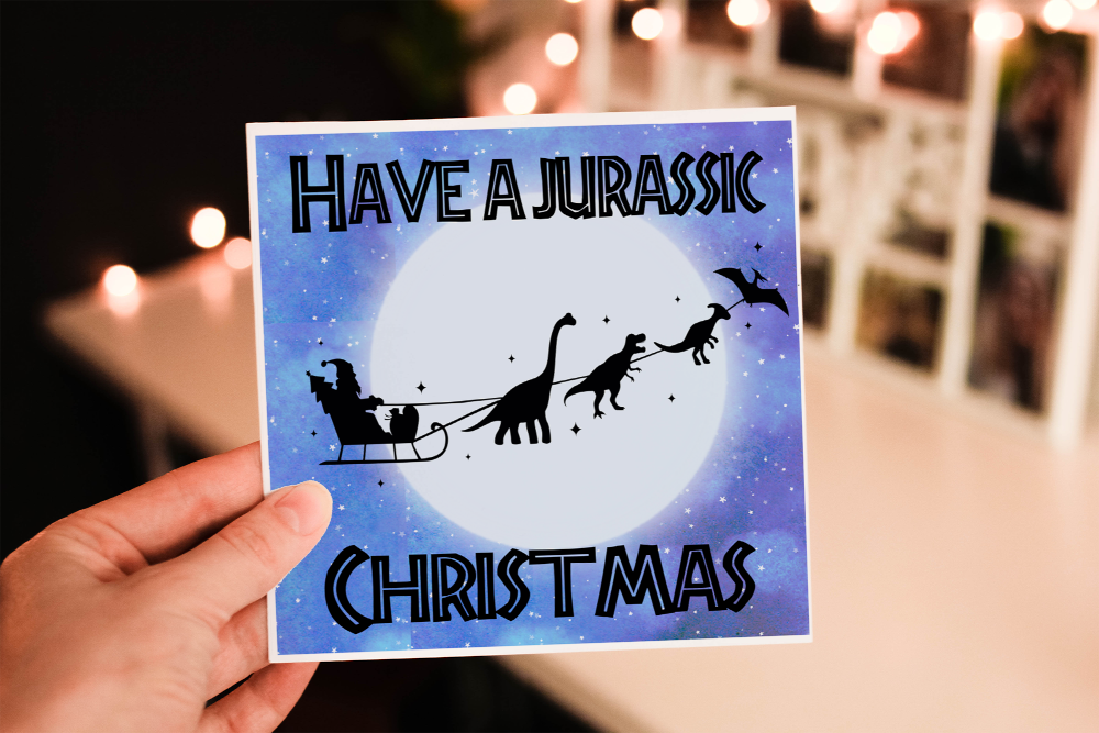 Jurassic Christmas Dinosaur Sleigh Christmas Card, Dinosaur card